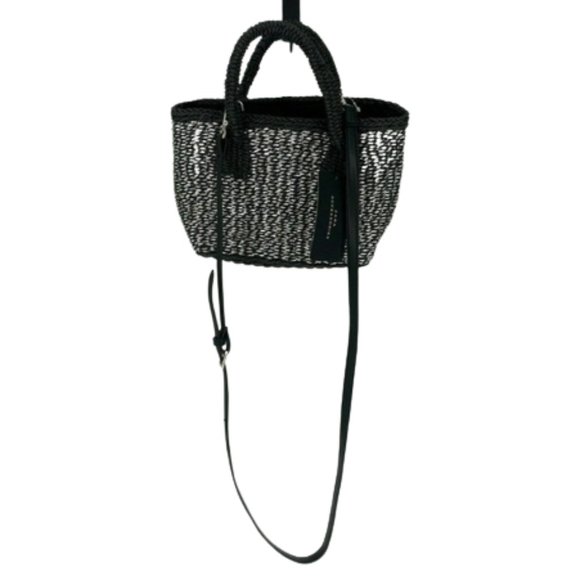 Zara Bags Zara Woven Straw Boho Black And Metallic Silver Crossbody